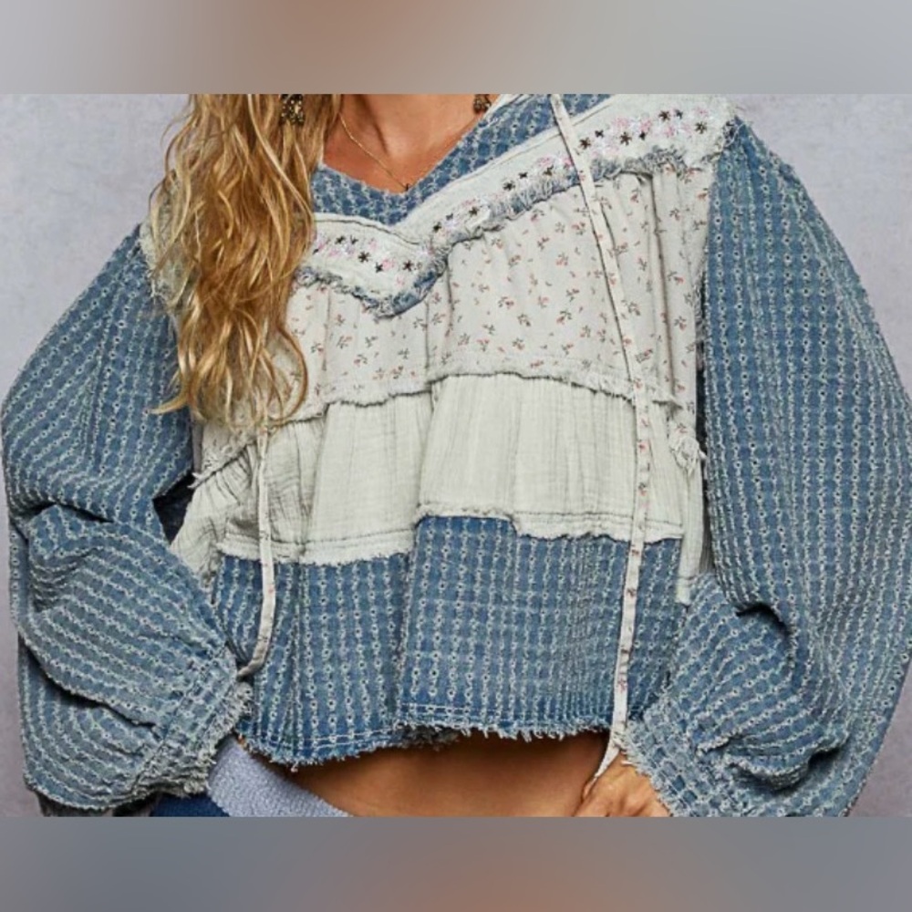 POL Patchwork Eyelet Hoodie in Blue, Pink, and Cream, NWOT, Size M